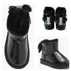 Metallic Black Faux Fur Rhinestone Tassel Bow Boots